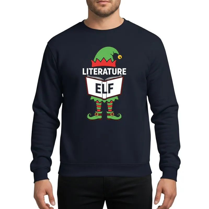 Festive Family & Book Lovers Whimsical Literature Elf Hat & Legs, Open Book, Green Red Striped Yellow Buckle Design Sweatshirt - 1