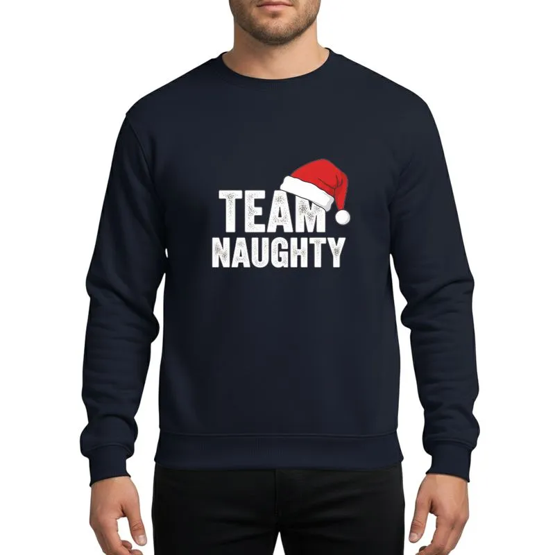 Couples' Festive Stacked 'TEAM NAUGHTY' Bold Distressed White Text & Classic Red Santa Hat Sweatshirt - 1