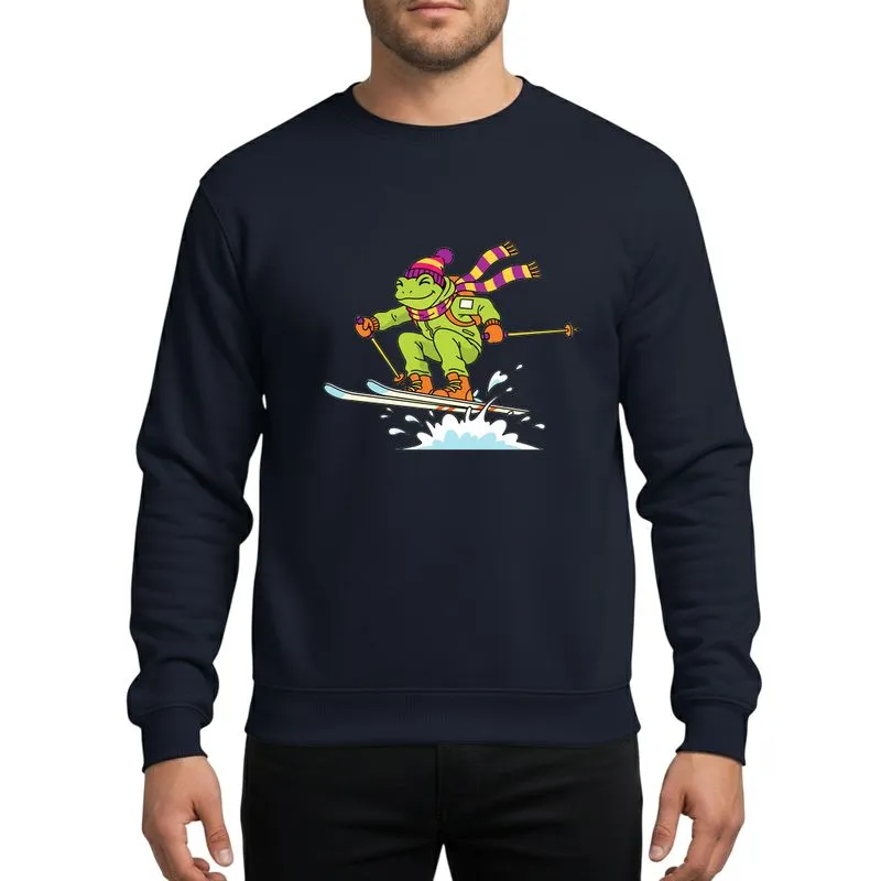 Winter Sports Enthusiasts' Dynamic Lime Green Frog Skier Mid-Air Jump, Bright Striped Beanie & Scarf, Flat Graphic Art Sweatshirt - 1