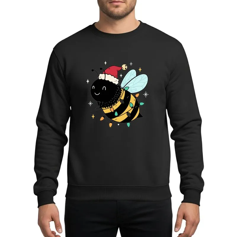 Bee Lovers' Festive Whimsical Golden Yellow Black Striped Bee Santa Hat Holiday Lights Design Sweatshirt - 1