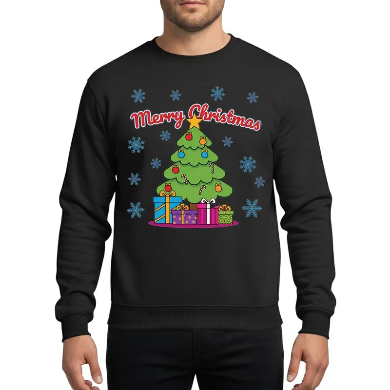Holiday Enthusiasts' Vibrant Cartoon Christmas Tree, Red Blue Gold Ornaments, Festive Gifts & Merry Christmas Text Sweatshirt - 1