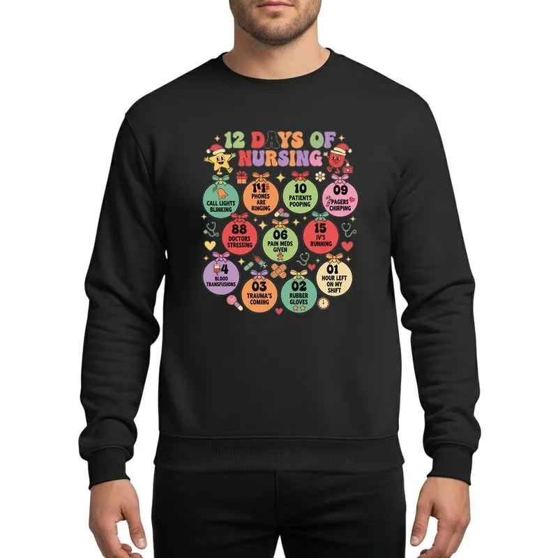 Nurses' Retro Groovy Christmas 12 Days Of Nursing Multicolored Icons & Ornaments Sweatshirt - 1