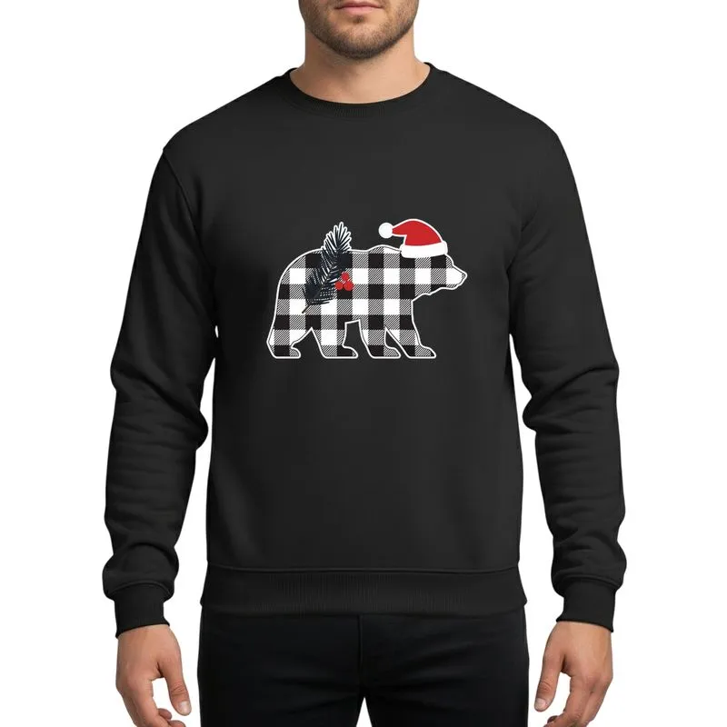 Holiday Lovers' Black White Buffalo Plaid Bear Red Santa Hat Green Evergreen Berry Rustic Design Sweatshirt - 1