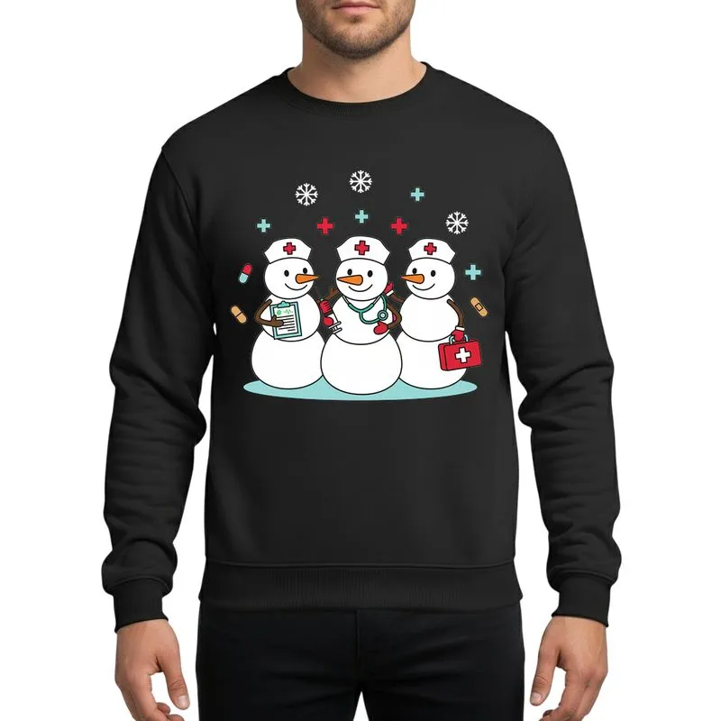 Nurses & Healthcare Professionals' Whimsical Christmas Snowmen Nurse Crew Red Cross Teal Stethoscope Festive Holiday Sweatshirt - 1