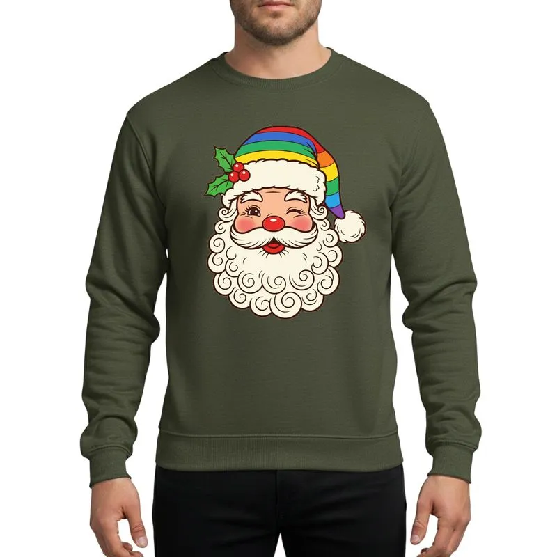 Holiday Season Fans' Retro Winking Santa Red Orange Yellow Green Blue Violet Striped Hat Sweatshirt - 1
