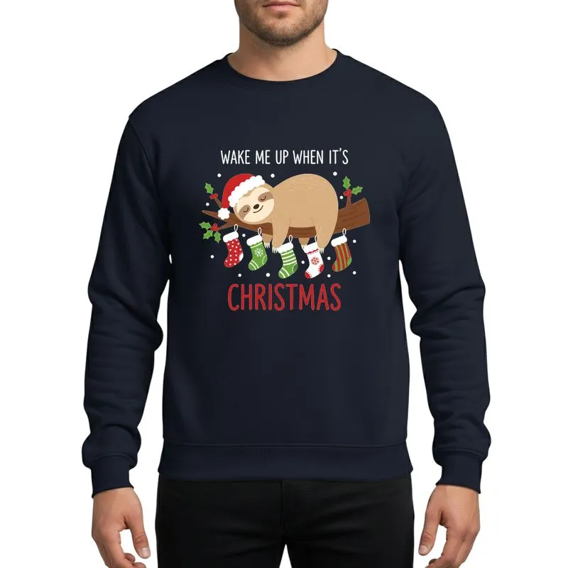 Festive Sloth Fans' Whimsical Sloth Red Santa Hat, Polka Dot & Striped Stockings, Green Holly, White Snowfall, 'Wake Me Up When It's Christmas' Phrase Sweatshirt - 1