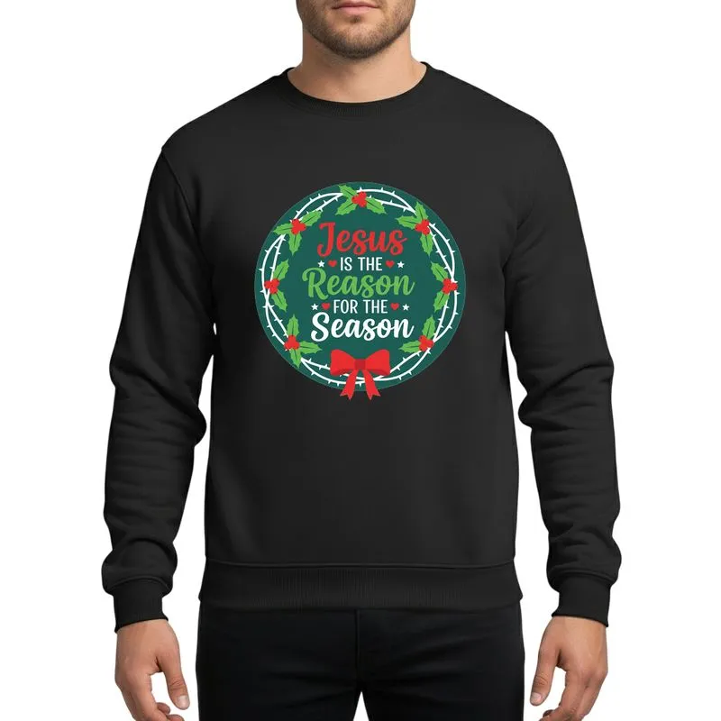 Festive Celebrants' Red Jesus Script, Green Holly Wreath & White Thorn Branches Design Sweatshirt - 1