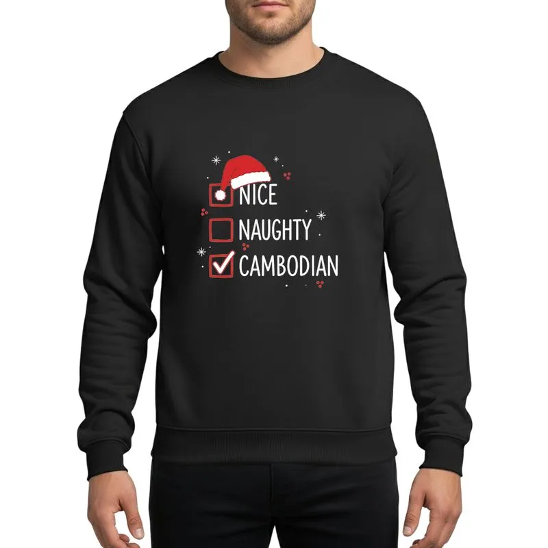 Cambodian Heritage Whimsical Hand-Drawn Christmas Checklist Red White 'NICE NAUGHTY CAMBODIAN' Text Santa Hat Sweatshirt - 1