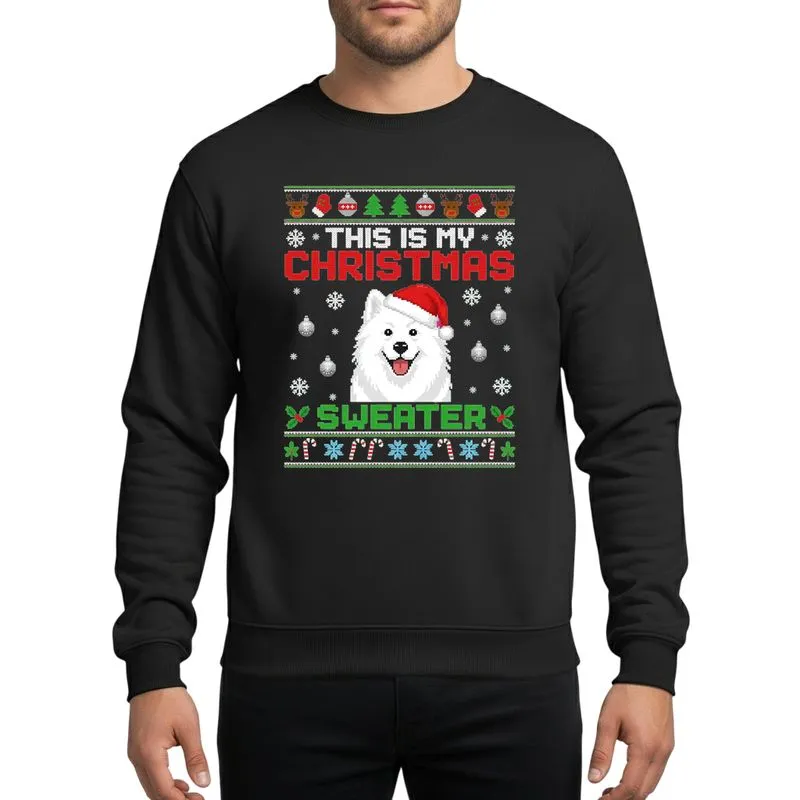 Dog Lovers' Ugly Christmas Sweater Style Fluffy White Dog Red Green Pixel Knit Art Sweatshirt - 1