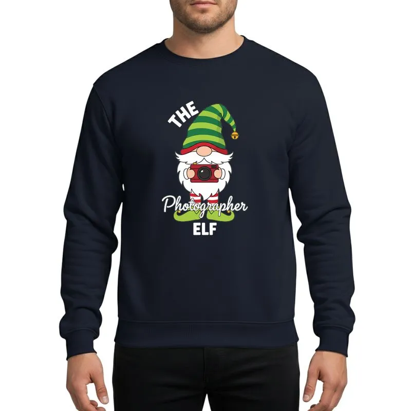 Group Christmas Celebrators' Whimsical 'The Photographer Elf' Gnome, Green Striped Hat, Red Camera Sweatshirt - 1