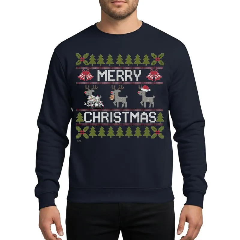 Retro Christmas Enthusiasts' Pixel Art Knit-Style Playful Reindeer MERRY CHRISTMAS Holly Pine Olive Green Red Pattern Sweatshirt - 1