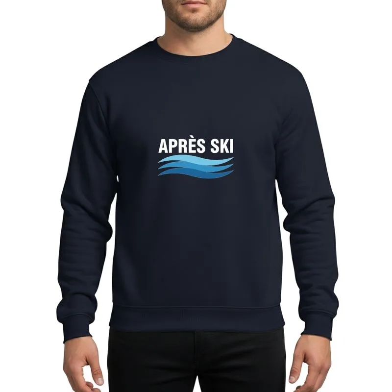Ski & Snowboard Fans Retro Style Bold White APRÈS SKI Text, Blue Snow Wave Art Sweatshirt - 1