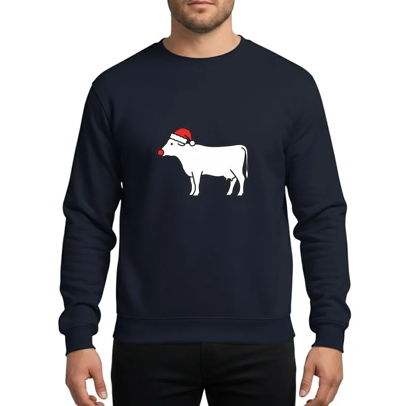 Farm Animal Lovers' Minimalist White Cow Silhouette Red Santa Hat Christmas Graphic Sweatshirt - 1