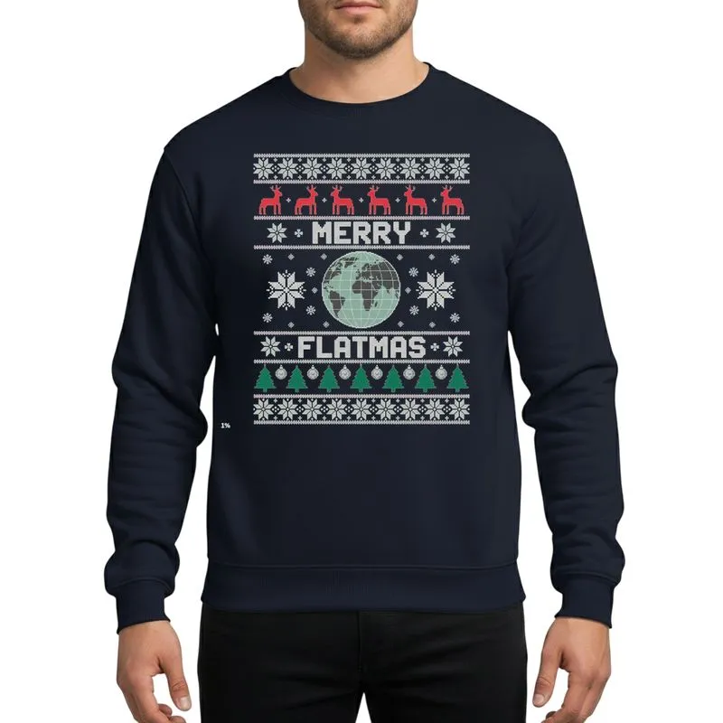 Humor Enthusiasts' Festive Pixel Art Knitted Ugly Christmas Sweater Graphic with Merry Flatmas Flat Earth Map, Reindeer, Snowflakes Sweatshirt - 1