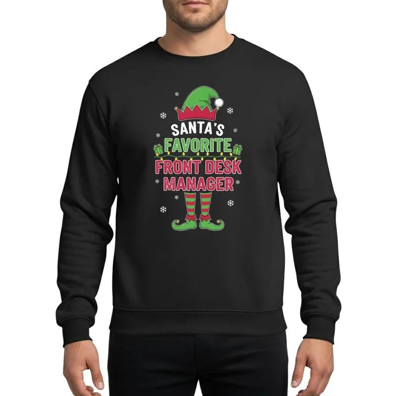 Front Desk Manager Professionals' Whimsical Cranberry Green Elf Hat Gift Boxes Christmas Lights Snowflakes Sweatshirt - 1