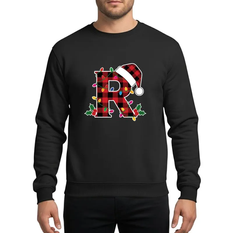 Festive Initial Lovers Red Black Buffalo Plaid Letter R Christmas Santa Hat & Draped Lights Holly Sweatshirt - 1