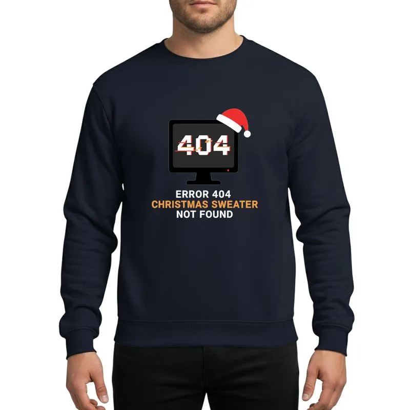 Tech Enthusiast Humor Retro-Tech Minimalist Black Monitor Pixelated 404 Error Glitch with Santa Hat Sweatshirt - 1