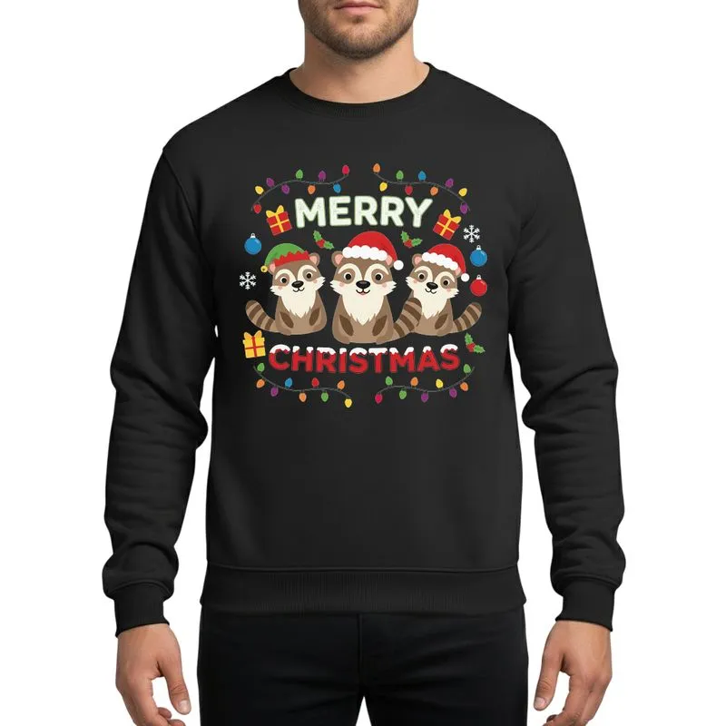 Family Christmas Fun' Whimsical Cartoon Coati Design with Santa Hats, MERRY CHRISTMAS Text & Festive Accents Sweatshirt - 1