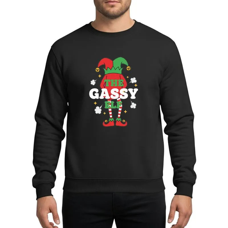 Playful Christmas Revelers Comical Red Green Elf Legs Gassy Gas Cloud Puffs Striped Jester Hat Artwork Sweatshirt - 1