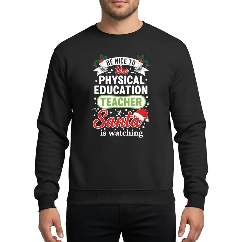 Educators' Whimsical Christmas Red Santa Hat Holly Green PE Teacher Bubble Outline Typographic Sweatshirt - 1