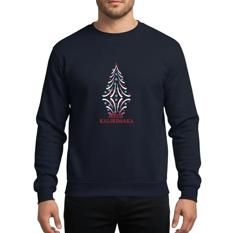 Tropical Christmas Fans' Elegant White Christmas Tree Silhouette, Red Stars & Blue Snowflakes, Wavy Reflection, Red Mele Kalikimaka Text Sweatshirt - 1