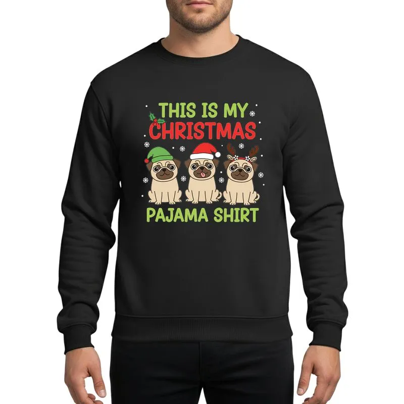 Pug Lovers' Whimsical Cartoon Pugs Festive Christmas Red Green Fawn Holiday Hats & Snowflakes Sweatshirt - 1