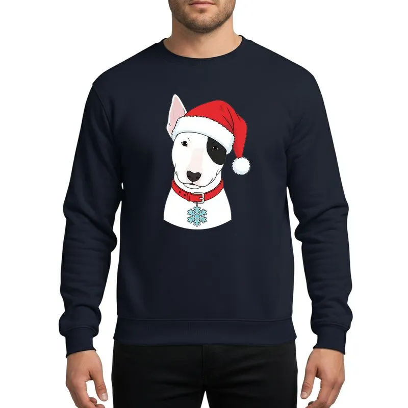 Christmas Dog Lovers' White English Bull Terrier Puppy Black Eye Patch Red Santa Hat Blue Snowflake Graphic Sweatshirt - 1