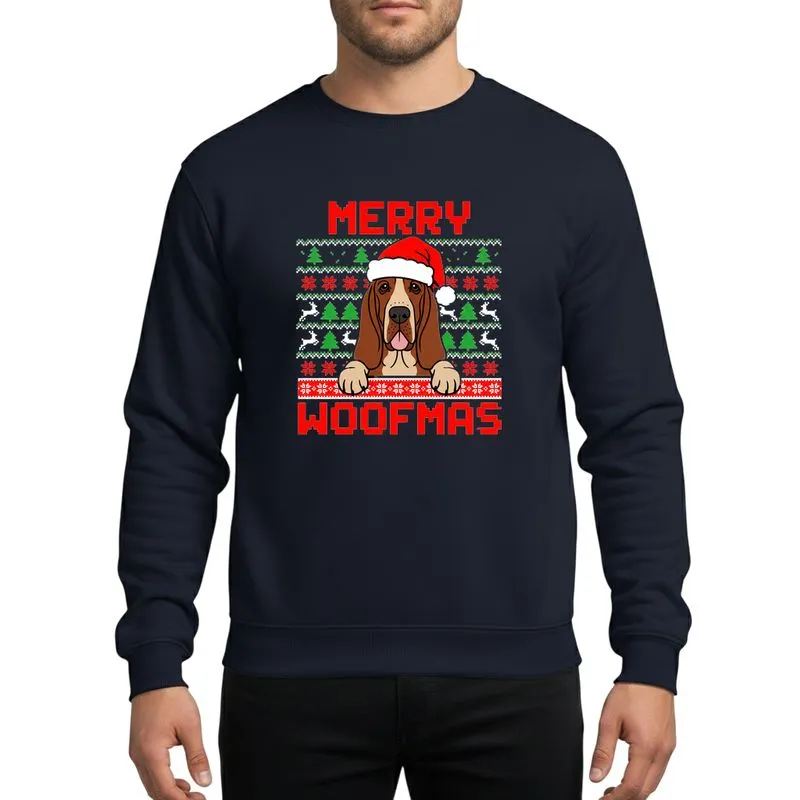 Bloodhound Lovers' Red Green White Pixelated MERRY WOOFMAS Ugly Christmas Sweater Dog Design Sweatshirt - 1
