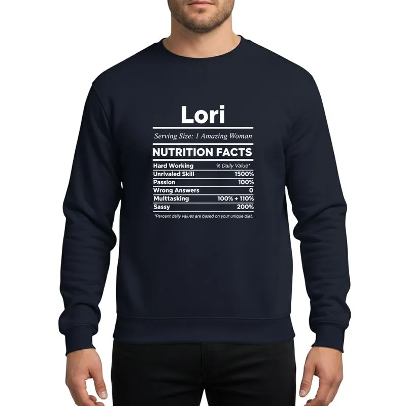 Women's White Minimalist Typographic 'Lori' Nutrition Facts Label Parody for Amazing Women Sweatshirt - 1