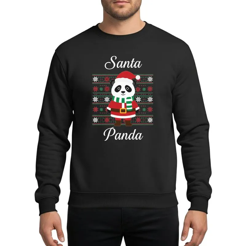 Christmas Enthusiasts' Whimsical Cartoon Santa Panda Red Green White Snowflake Ugly Sweater Panel Sweatshirt - 1