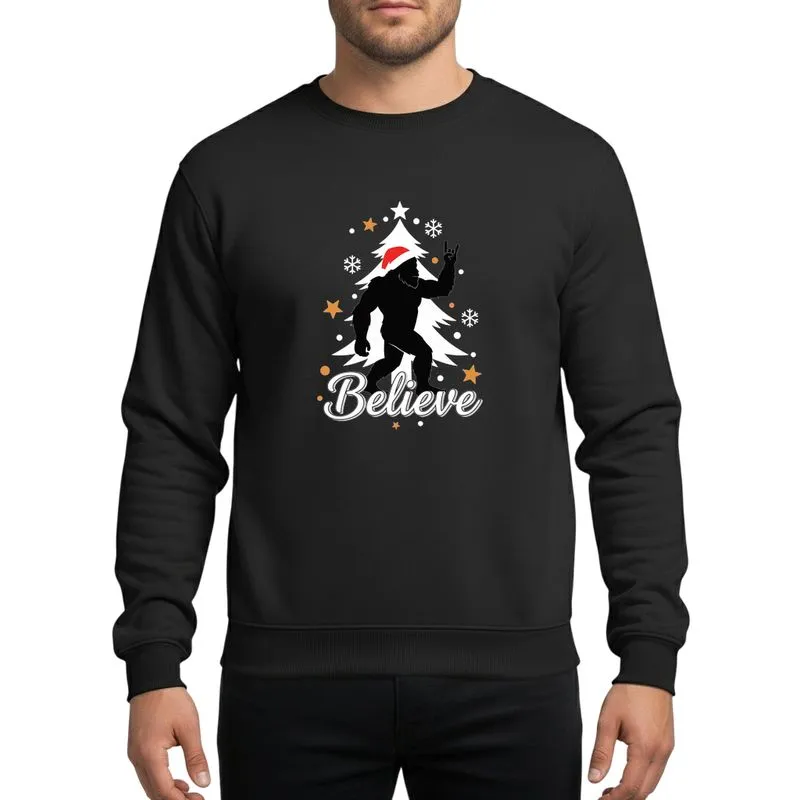 Bigfoot Believers' Stylized Black Bigfoot Rock-On Santa Hat White Christmas Tree Believe Script Gold Star Snowflakes Sweatshirt - 1
