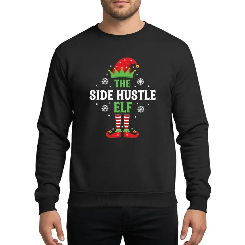Festive Families' Whimsical 'THE SIDE HUSTLE ELF' with Red Green Elf Hat, Striped Legs, Golden Bells, & Snowflakes Sweatshirt - 1