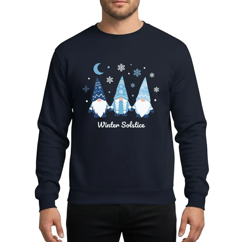 Winter Solstice Enthusiasts' Whimsical Three Gnomes Holding Hands Navy Sky Icy Blue Snowflake Hat Crescent Moon Art Sweatshirt - 1