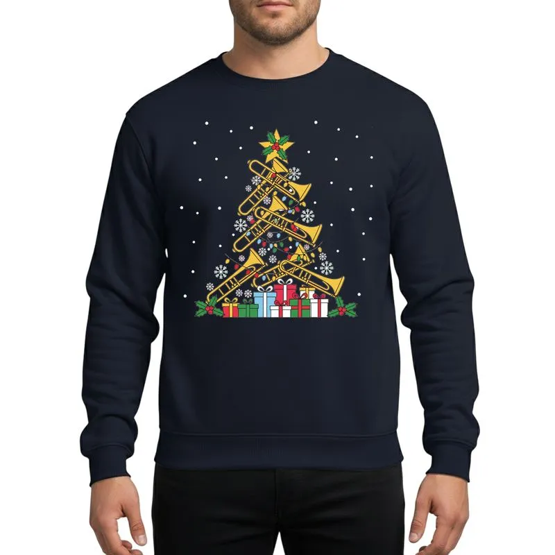 Trombone Players' Golden Brass Trombone Christmas Tree Holly Berries Snowflakes Gift Boxes Magenta Flat Graphic Sweatshirt - 1