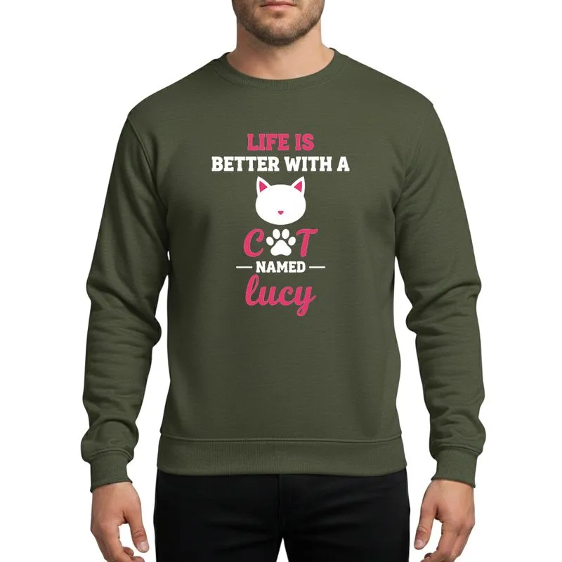 Cat Parents' Hot Pink White Minimalist Cat Head & Paw Print Graphic with Life Is Better With A Cat Named Lucy Typography Sweatshirt - 1
