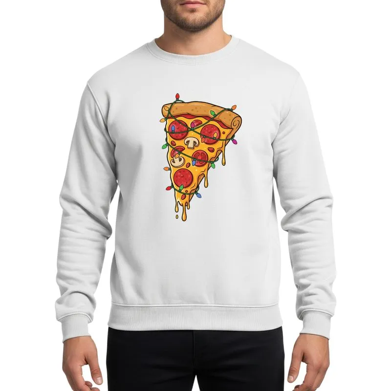 Christmas Pizza Lovers' Vibrant Cartoon Golden Crust Orange Cheese Pizza Slice Festive Multi-Color Lights Sweatshirt - 1