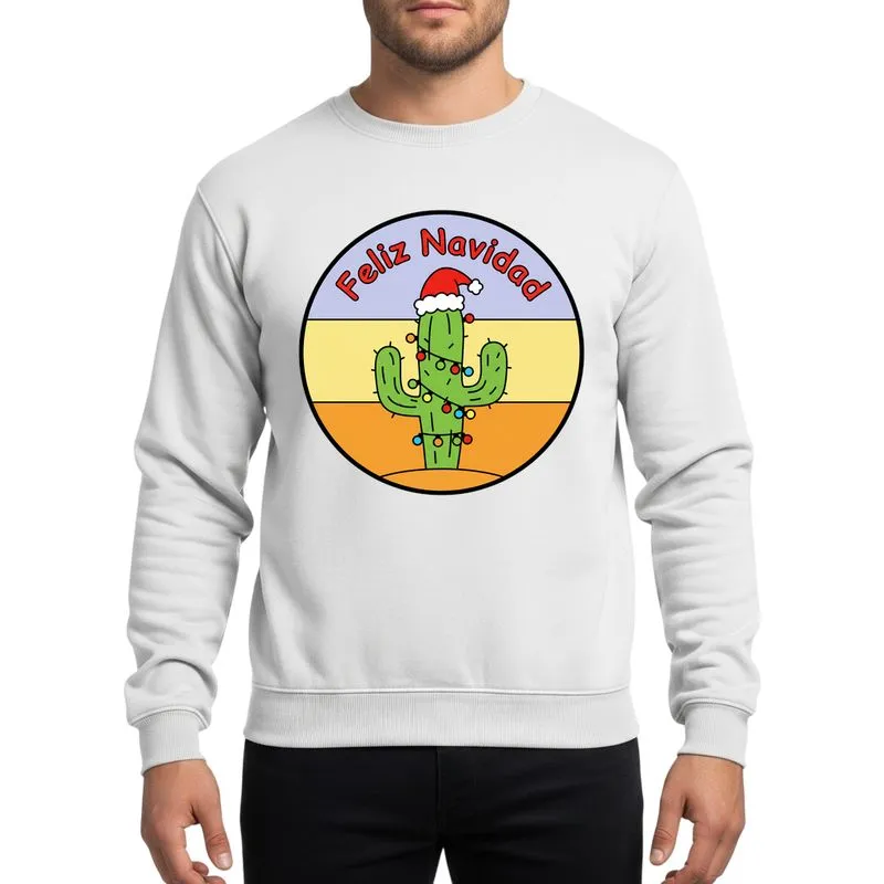 Christmas Lovers' Whimsical Circular Vibrant Green Saguaro Cactus, Red Santa Hat, Multi-Color Lights, Feliz Navidad Sweatshirt - 1