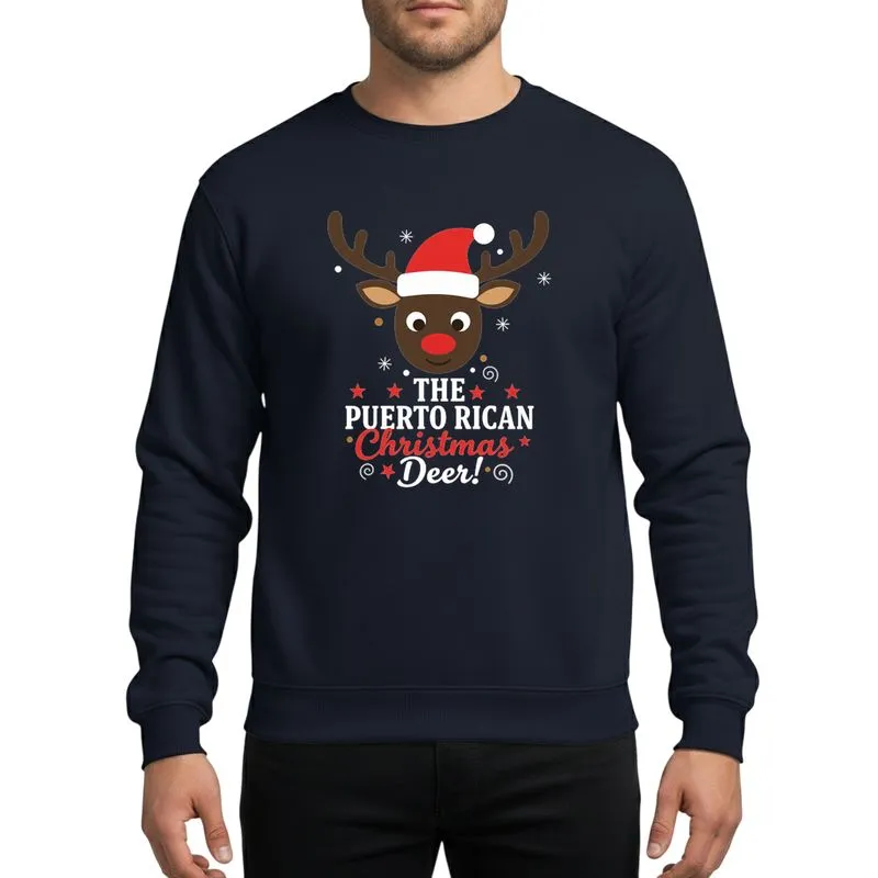Puerto Rican Holiday Celebrators' Vibrant Flat Color Christmas Reindeer, Santa Hat, White & Red Text, Snowflakes & Stars Sweatshirt - 1