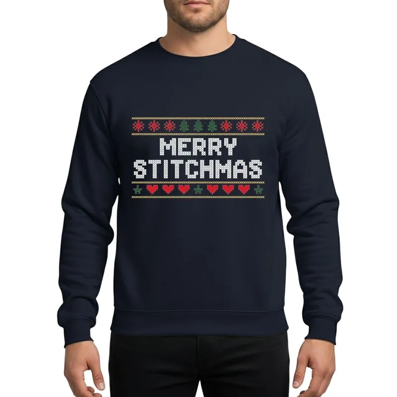 Crafters' Chunky White 'MERRY STITCHMAS' Cross-Stitch Text, Golden Red Snowflake Green Tree Heart Star Borders Sweatshirt - 1