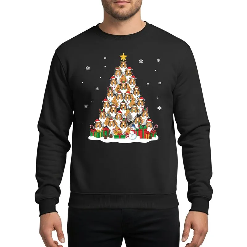 Collie Dog Lovers' Whimsical Christmas Tree with Santa Hats, Elf Hats, & Colorful Lights on Black Sweatshirt - 1