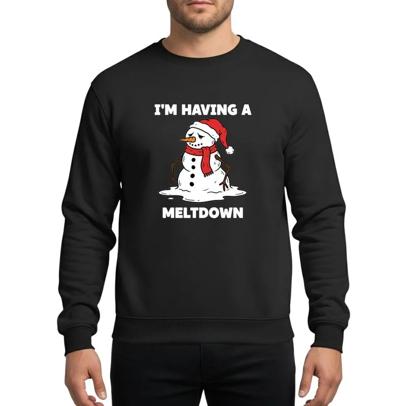 Humor Lovers' Whimsical Melting Snowman Red White Black Orange 'I'M HAVING A MELTDOWN' Graphic Sweatshirt - 1