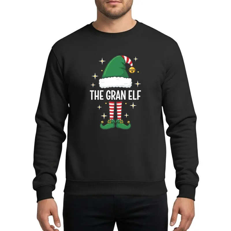 Christmas Family & Friends 'The Gran Elf' Whimsical Green Hat Red White Candy Cane Striped Socks Golden Bells Starburst Sweatshirt - 1