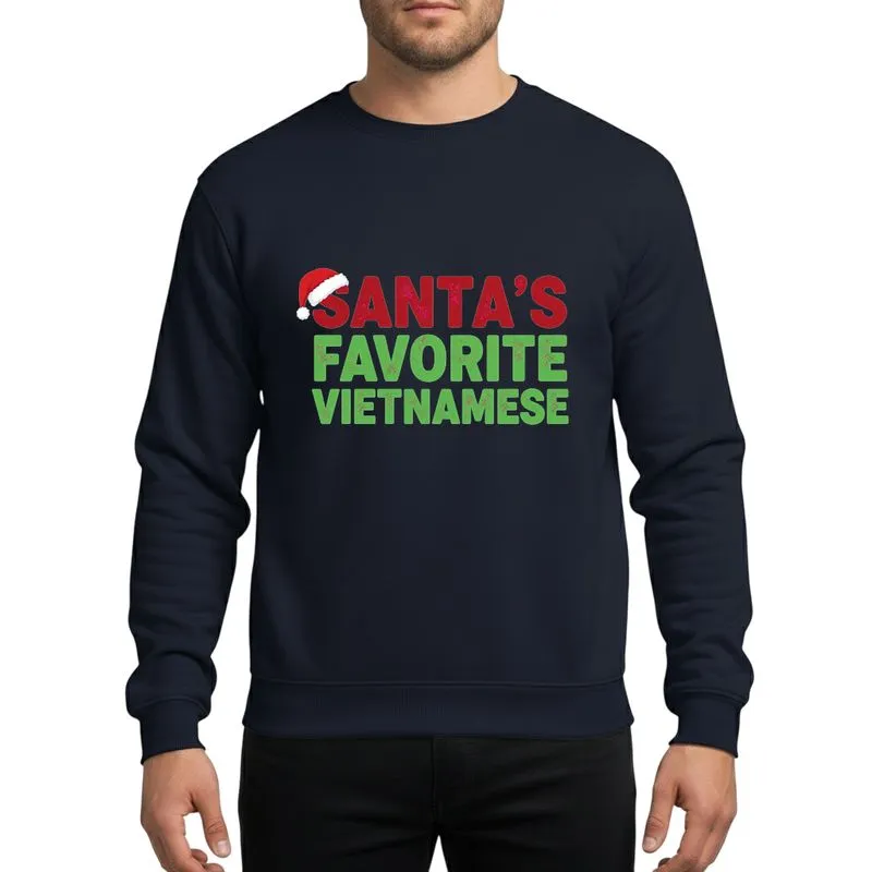 Vietnamese Heritage Enthusiasts' Festive Red Green Distressed Typographic 'Santa's Favorite Vietnamese' Graphic Sweatshirt - 1
