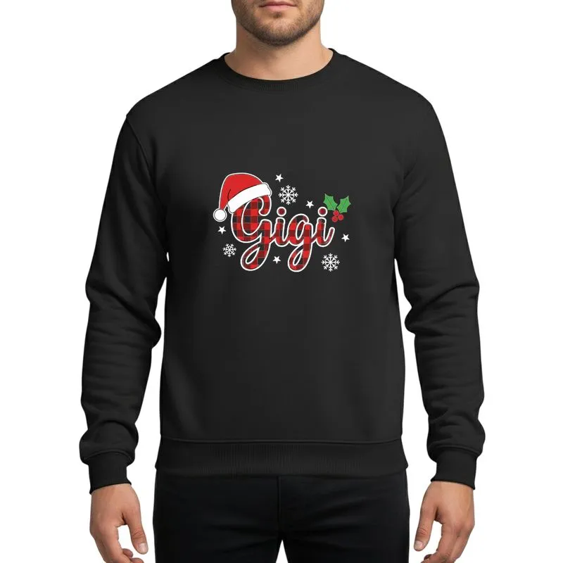 Family Holiday Enthusiast's Gigi Red Black Buffalo Plaid Script Santa Hat Holly Berries Snowflakes Sweatshirt - 1