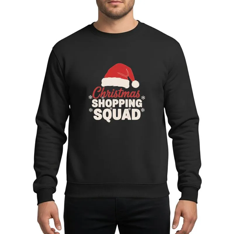 Holiday Shoppers' Distressed Red Santa Hat, Script 'Christmas,' Bold Off-White 'Shopping Squad' & Snowflake Graphic Sweatshirt - 1