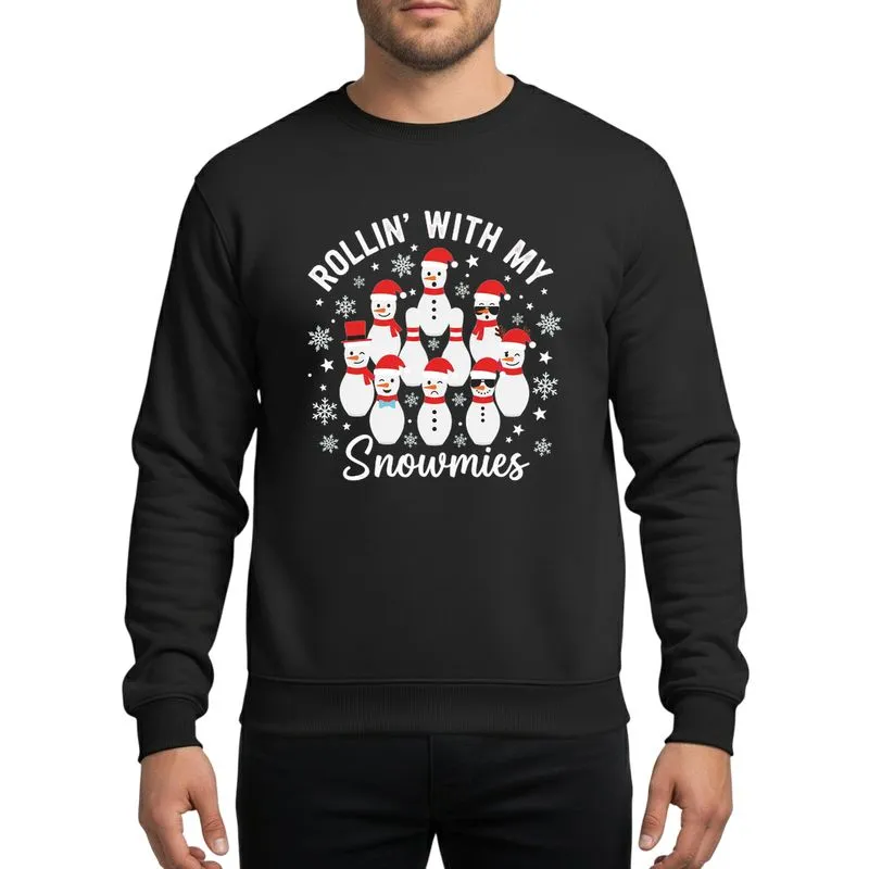 Christmas Celebrators' Whimsical Snowman Bowling Pin White Red Orange Santa Hat Snowflake Star Design Sweatshirt - 1