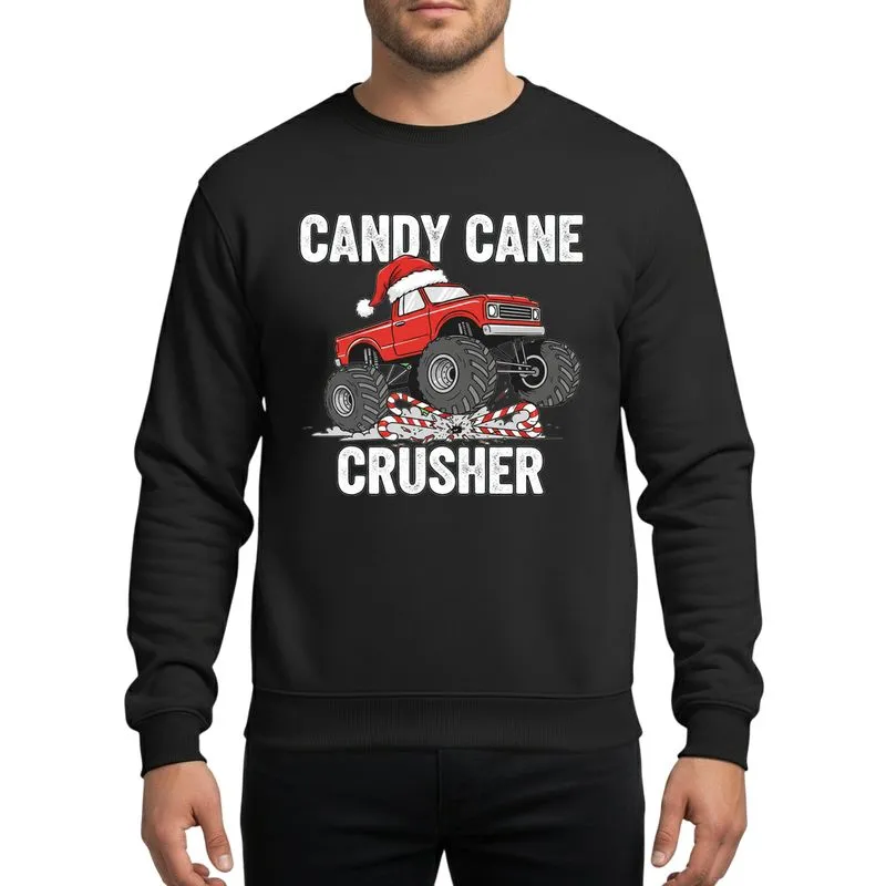 Boys' Distressed Red Monster Truck Crushing Candy Canes Santa Hat Festive Holiday Graphic Sweatshirt - 1