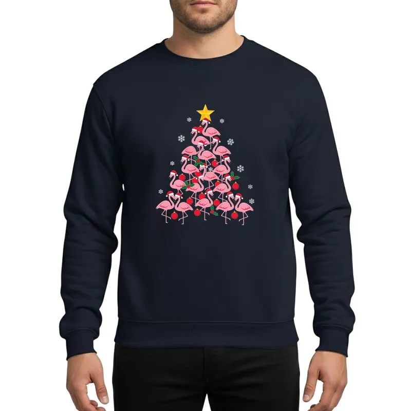 Holiday Bird Lovers' Whimsical Pink Flamingo Christmas Tree with Red Santa Hats, Holly, Yellow Star Sweatshirt - 1