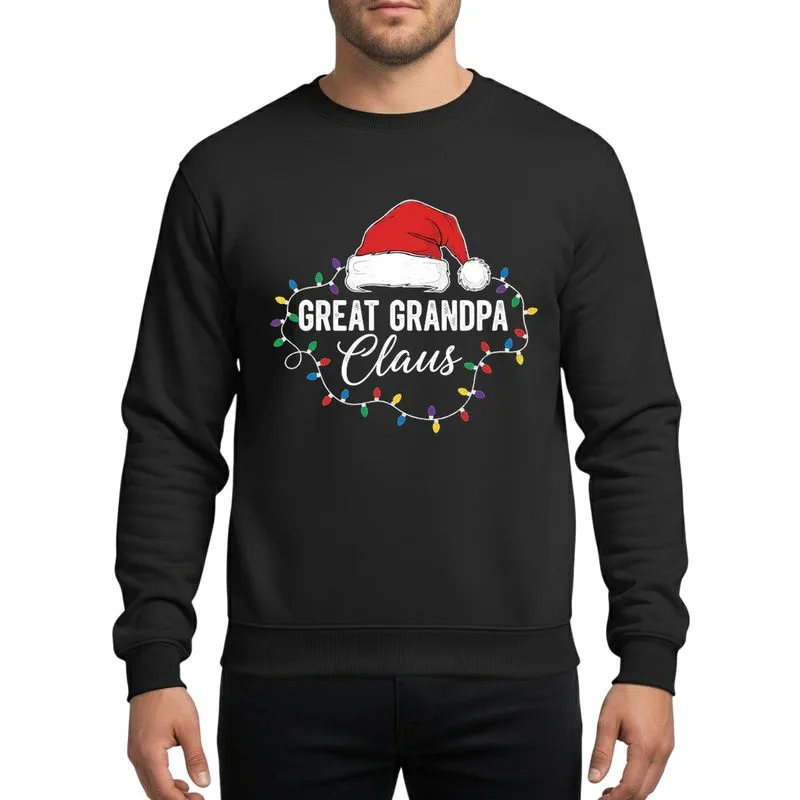 Grandfathers' Distressed Christmas Santa Hat 'GREAT GRANDPA Claus' White Bold & Script Text Multi-Color Vintage Lights Sweatshirt - 1