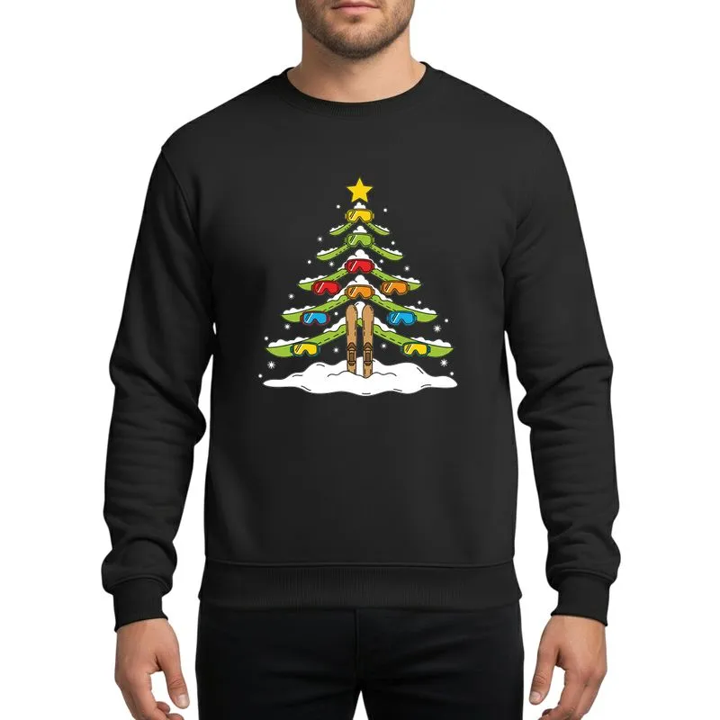 Snowboarders' & Skiers' Whimsical Ski Pole Christmas Tree Golden Star Bright Red Orange Blue Goggle Ornaments Sweatshirt - 1